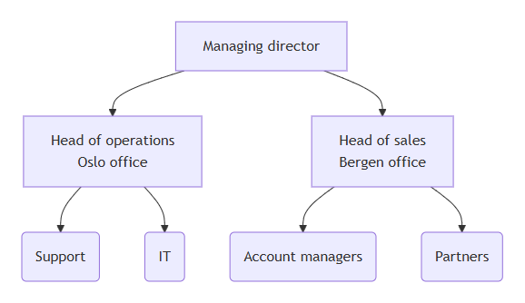An org chart: Managing director over Head of operations, Oslo office, and Head of sales, Bergen office. Operations leads Support and IT; sales leads Account managers and Partners.
