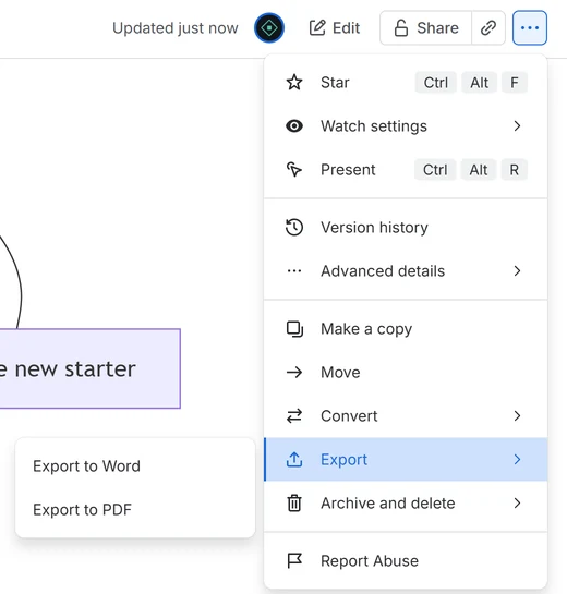 Confluence's More actions menu open at Export, showing Export to Word and Export to PDF.