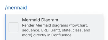Typing /mermaid on an empty line lists Mermaid Diagram: Render Mermaid diagrams (flowchart, sequence, ERD, Gantt, state, class, and more) directly in Confluence.