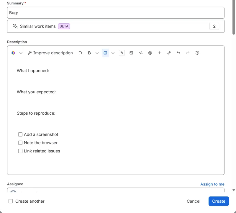 Jira's Create dialog for a bug, opened from the Bug report template on the Templates page: the summary and a description with three questions and a checklist are already filled in.