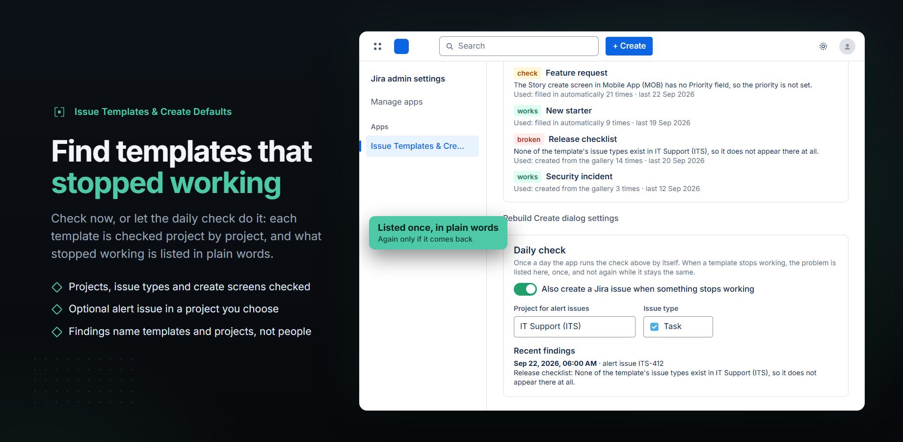 Find templates that stopped working. Check now, or let the daily check do it: each template is checked project by project, and what stopped working is listed in plain words. Points: projects, issue types and create screens checked; optional alert issue in a project you choose; findings name templates and projects, not people. The screen shows the end of the admin page's check list: Feature request marked check, because the Story create screen in Mobile App has no Priority field; Release checklist marked broken, because none of its issue types exist in IT Support; New starter and Security incident marked works; each with a line saying how often it was used. Below it, Rebuild Create dialog settings, and the Daily check with alert issues switched on for IT Support, Task, and a recent finding with alert issue ITS-412. Callout: Listed once, in plain words. Again only if it comes back.