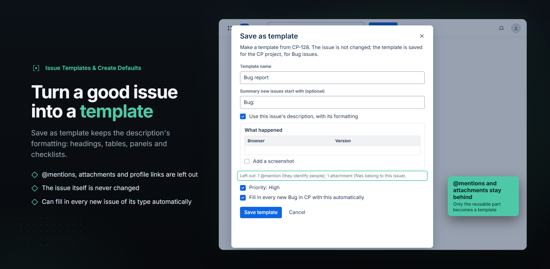 Turn a good issue into a template. Save as template keeps the description's formatting: headings, tables, panels and checklists. Points: @mentions, attachments and profile links are left out; the issue itself is never changed; can fill in every new issue of its type automatically. The screen shows the Save as template dialog for issue CP-128: template name Bug report, the summary Bug:, a preview of the formatted description, and a highlighted line saying that 1 @mention and 1 attachment were left out. Priority: High and Fill in every new Bug in CP with this automatically are ticked, above Save template and Cancel. Callout: @mentions and attachments stay behind. Only the reusable part becomes a template.